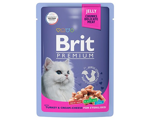 Brit Premium пауч для стерил. кошек Кусочки в желе Индейка с сыром, 85г