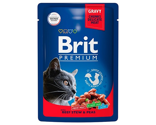Brit Premium пауч для кошек Кусочки в соусе Говядина и горошек, 85г