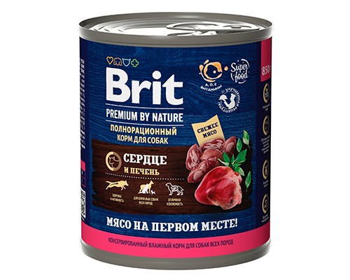 Brit Premium By Nature д/собак сердце и печень, кс 850г