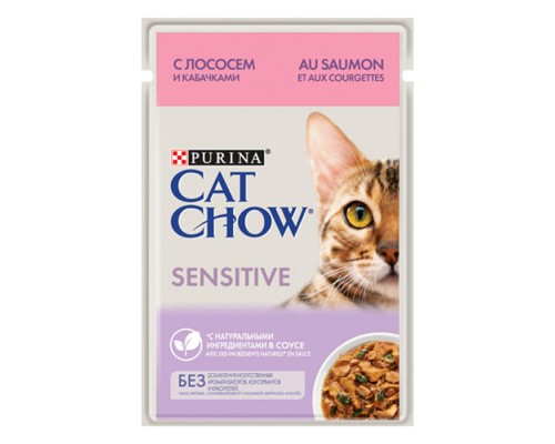 Cat Chow д/к. Sensitive с лососем и кабачками в соусе, пауч 85г