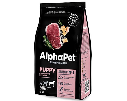 Alpha Pet SuperPremium для щенков и беременных собак крупных пород до 6 мес Говядина/Рубец, 1,5кг