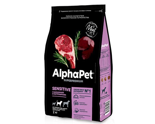 Alpha Pet SuperPremium для взрослых собак средних пород с чувств. пищеварением Баранина и потрошки 2кг