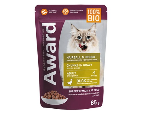 AWARD для выведения шерсти у взрослых домашних кошек в соусе с уткой пауч, 85г