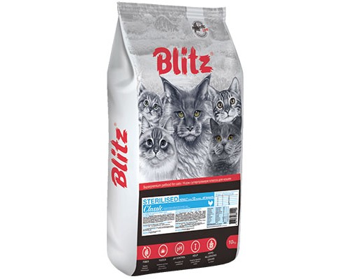 Blitz Classic с курицей сухой корм для стерилизованных кошек, 10кг