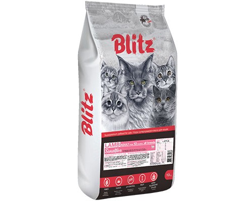 Blitz Sensitive Ягнёнок сухой корм для взрослых кошек, 10кг