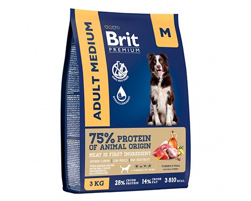 Brit Premium Dog Adult Medium Индейка и телятина, 3кг