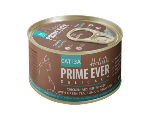 Prime Ever 3A Delicacy Мусс цыпленок с тунцом с зеленым чаем и водорослями для кошек, 80г