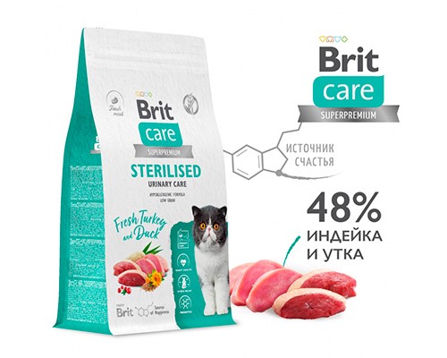 Brit Care Superpremium Cat Sterilised с индейкой и уткой, Профилактика МКБ 400г