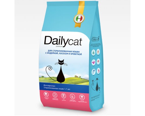 Dailycat для стерилизованным кошкам Индейка, лосось и креветка, 1,5кг