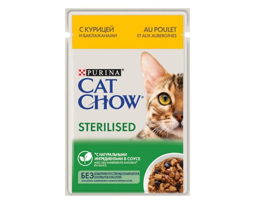 Cat Chow д/к. Sterilised с курицей и баклажанами в соусе, пауч 85г