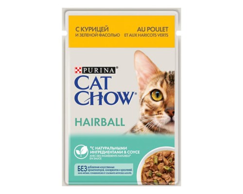 Cat Chow д/к. Hairball с курицей и зеленой фасолью в соусе, пауч 85г